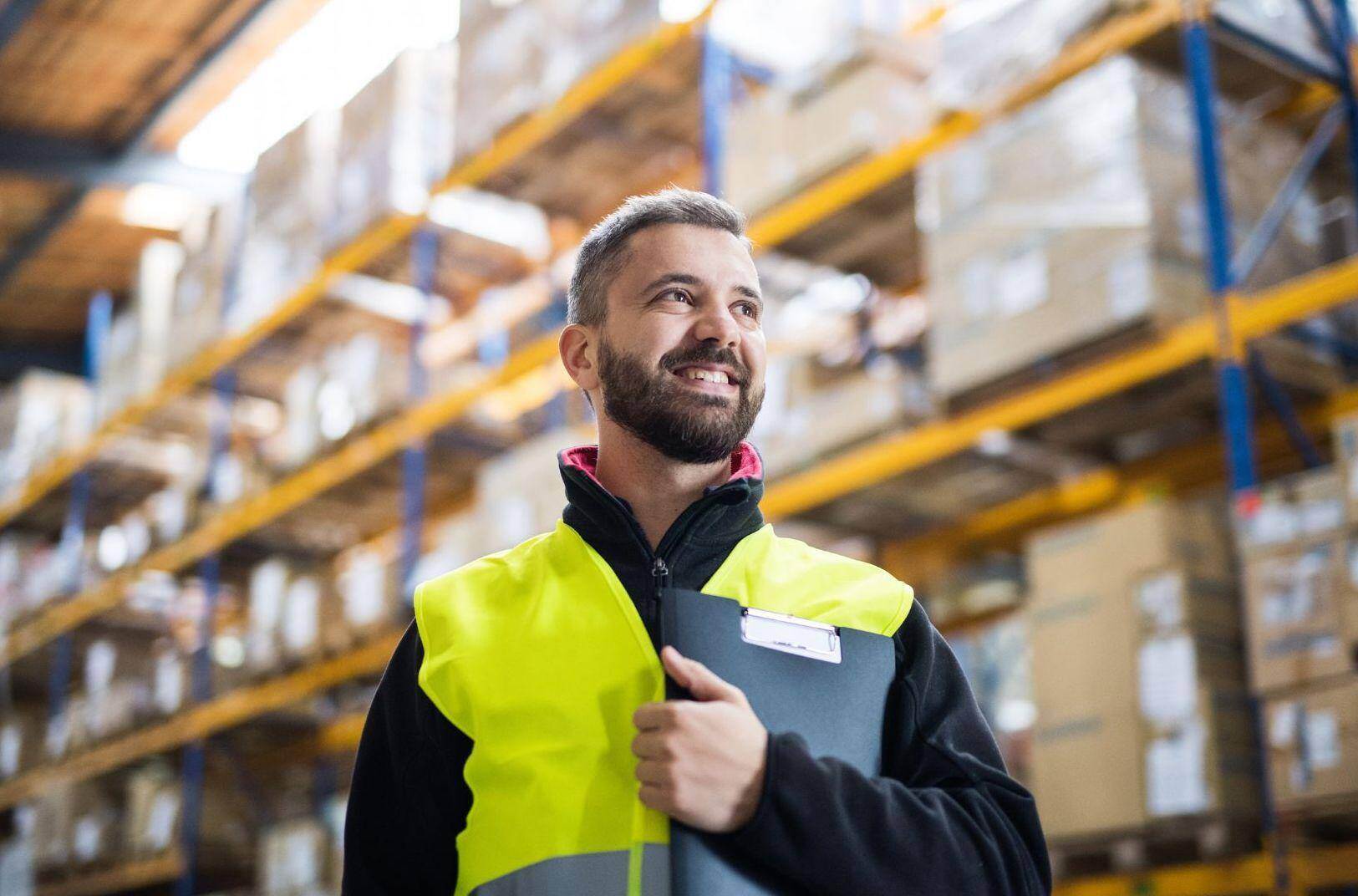 A warehouse manager in Evansville, Indiana admiring the construction of the warehouse done by STEVENS.