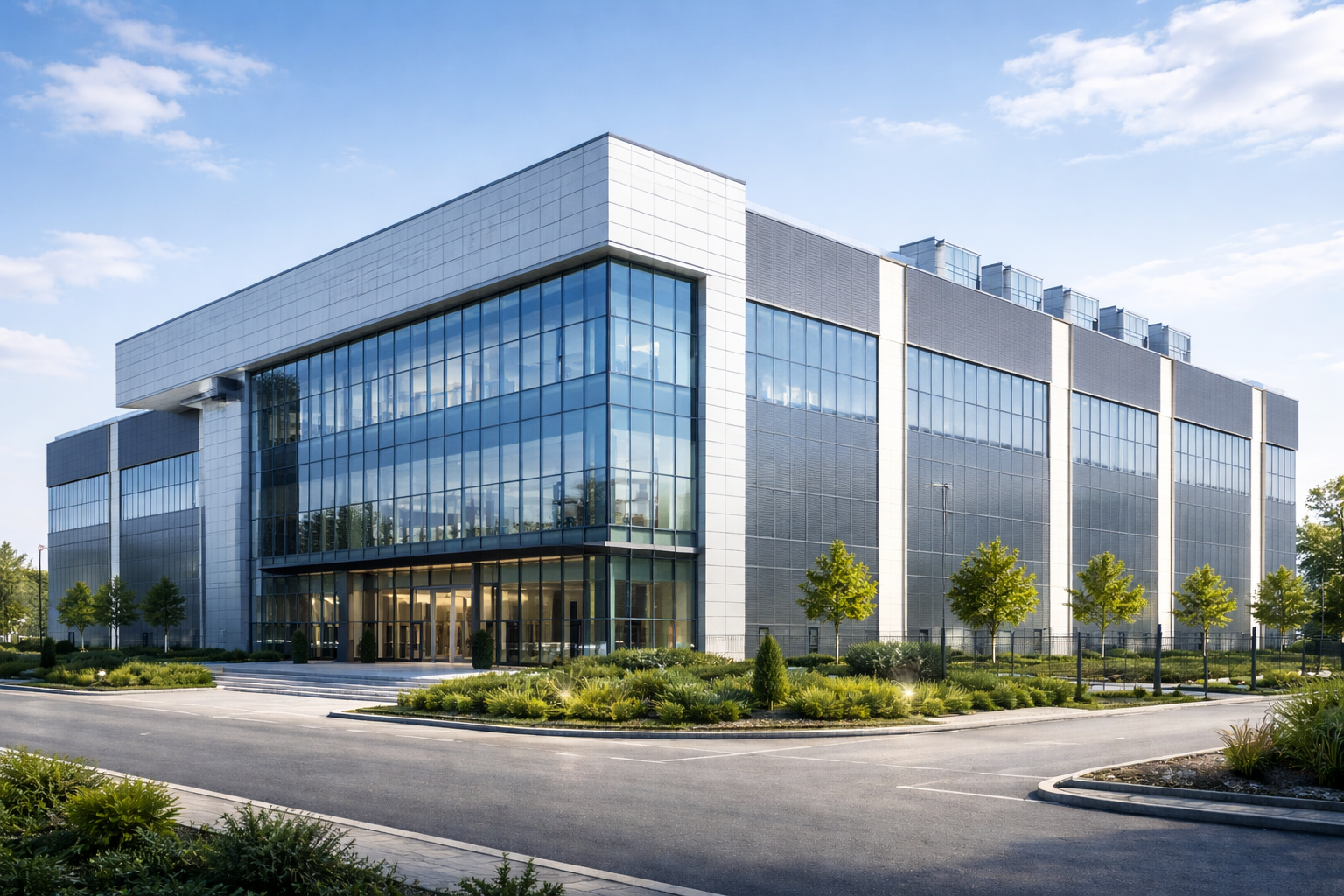 Modern data center architecture at midday